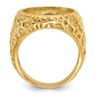 14k Gold Polished Men's Carved Nugget 15mm Coin Bezel Ring - Fits US $1 Type 2