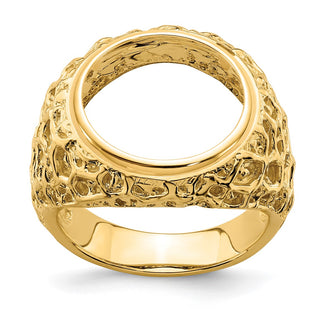 14k Gold Polished Men's Carved Nugget 15mm Coin Bezel Ring - Fits US $1 Type 2