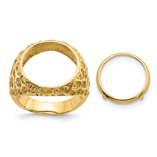 14k Gold Polished Men's Carved Nugget 15mm Coin Bezel Ring - Fits US $1 Type 2