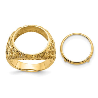 14k Gold Polished Men's Carved Nugget 15mm Coin Bezel Ring - Fits US $1 Type 2