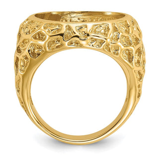 14k Gold Polished Men's Carved Nugget 16.5 mm Coin Bezel Ring - Fits 1/10 oz American Eagle and 1/10 oz Krugerrand