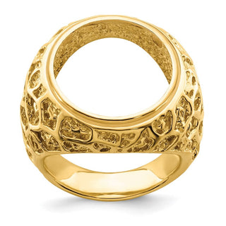 14k Gold Polished Men's Carved Nugget 16.5 mm Coin Bezel Ring - Fits 1/10 oz American Eagle and 1/10 oz Krugerrand