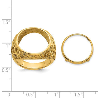 14k Gold Polished Men's Carved Nugget 16.5 mm Coin Bezel Ring - Fits 1/10 oz American Eagle and 1/10 oz Krugerrand