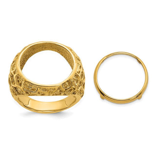 14k Gold Polished Men's Carved Nugget 16.5 mm Coin Bezel Ring - Fits 1/10 oz American Eagle and 1/10 oz Krugerrand