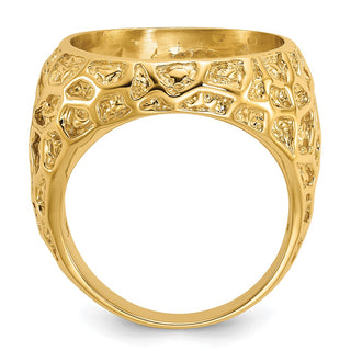 14k Gold Polished Men's Carved Nugget 17.8mm Coin Bezel Ring - Fits US $2.50 Liberty and Other Coins