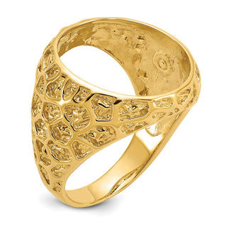 14k Gold Polished Men's Carved Nugget 17.8mm Coin Bezel Ring - Fits US $2.50 Liberty and Other Coins