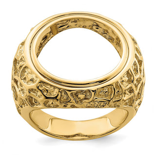 14k Gold Polished Men's Carved Nugget 17.8mm Coin Bezel Ring - Fits US $2.50 Liberty and Other Coins