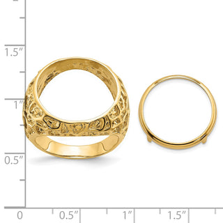 14k Gold Polished Men's Carved Nugget 17.8mm Coin Bezel Ring - Fits US $2.50 Liberty and Other Coins