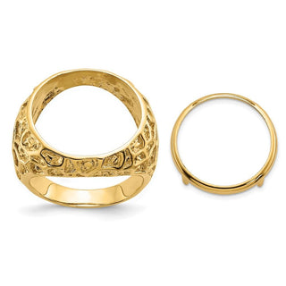 14k Gold Polished Men's Carved Nugget 17.8mm Coin Bezel Ring - Fits US $2.50 Liberty and Other Coins