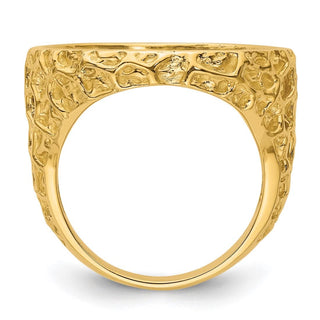 14k Gold Polished Men's Carved Nugget 21.6mm Coin Bezel Ring - Fits US $5 Bald Eagle, US $5 Congressional, US $5 Liberty, and Other Coins