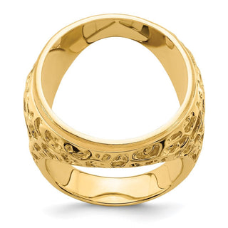 14k Gold Polished Men's Carved Nugget 21.6mm Coin Bezel Ring - Fits US $5 Bald Eagle, US $5 Congressional, US $5 Liberty, and Other Coins