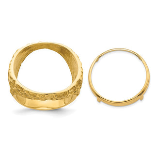 14k Gold Polished Men's Carved Nugget 21.6mm Coin Bezel Ring - Fits US $5 Bald Eagle, US $5 Congressional, US $5 Liberty, and Other Coins
