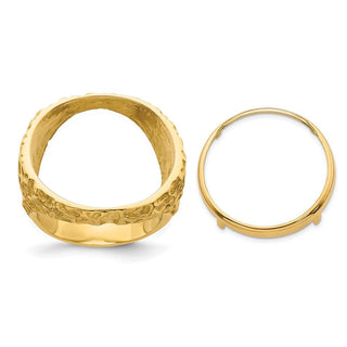14k Gold Polished Men's Carved Nugget 21.6mm Coin Bezel Ring - Fits US $5 Bald Eagle, US $5 Congressional, US $5 Liberty, and Other Coins