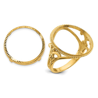 14k Yellow Gold Ladies Polished and Diamond-cut Fancy Wire with Twisted Edge 16.5mm Coin Bezel Ring - Fits 1/10 oz American Eagle and 1/10 oz Krugerrand