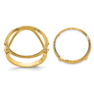 14k Yellow Gold Ladies Polished and Diamond-cut Fancy Wire with Twisted Edge 16.5mm Coin Bezel Ring - Fits 1/10 oz American Eagle and 1/10 oz Krugerrand