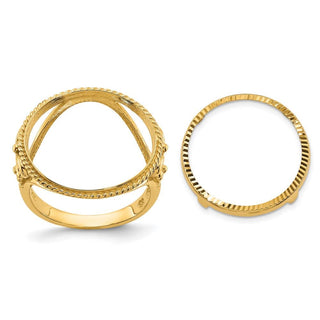 14k Yellow Gold Ladies Polished and Diamond-cut Fancy Wire with Twisted Edge 16.5mm Coin Bezel Ring - Fits 1/10 oz American Eagle and 1/10 oz Krugerrand
