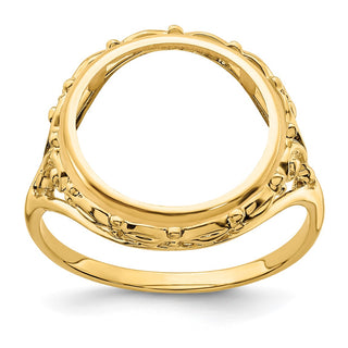 14k Yellow Gold Ladies Polished Wire Fancy Scroll 14.0mm Coin Bezel Ring - Fits 1/20 oz Maple Leaf and Other Coins