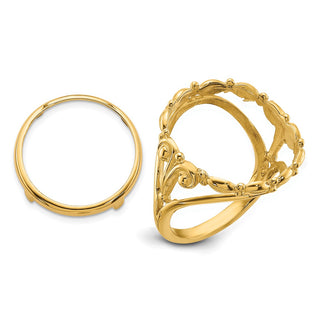 14k Yellow Gold Ladies Polished Wire Fancy Scroll 16.5mm Coin Bezel Ring - Fits 1/10 oz American Eagle and 1/10 oz Krugerrand