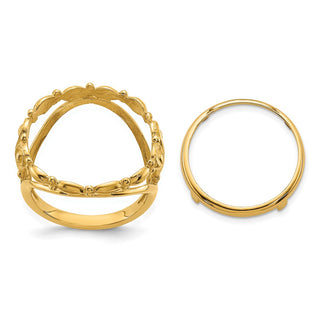 14k Yellow Gold Ladies Polished Wire Fancy Scroll 16.5mm Coin Bezel Ring - Fits 1/10 oz American Eagle and 1/10 oz Krugerrand