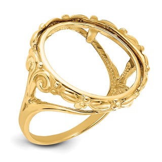 14k Yellow Gold Ladies Wire Fancy Scroll 17.8mm Prong Coin Bezel Ring - Fits US $2.50 Liberty and Other Coins