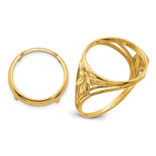 14k Yellow Gold Ladies' Wire Fancy Leaf 14mm Prong Coin Bezel Ring Unassembled