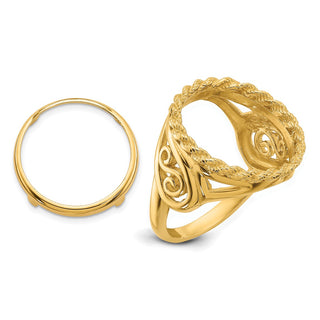 14k Gold Ladies Polished Twisted Wire Filigree & Rope 16.5mm Coin Bezel Ring - Fits 1/10 oz American Eagle and 1/10 oz Krugerrand