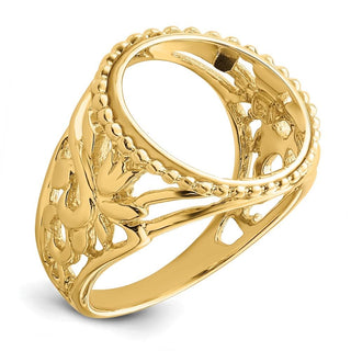 14k Gold Ladies Polished Wire & Beaded Edge Filigree 14.0mm Coin Bezel Ring - Fits 1/20 oz Maple Leaf and Other Coins