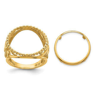 14k Gold Ladies Polished Wire & Beaded Edge Filigree 16.5mm Coin Bezel Ring - Fits 1/10 oz American Eagle and 1/10 oz Krugerrand