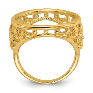 14k Yellow Gold Polished Ladies Wire Fancy Filigree 16.5mm Coin Bezel Ring - Fits 1/10 oz American Eagle and 1/10 oz Krugerrand