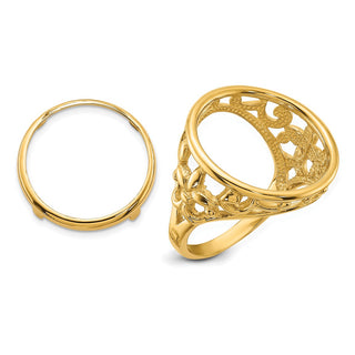 14k Yellow Gold Polished Ladies Wire Fancy Filigree 16.5mm Coin Bezel Ring - Fits 1/10 oz American Eagle and 1/10 oz Krugerrand