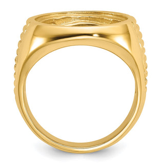 14k Yellow Gold Mens Polished Ribbed Center Design Side 16.5mm Coin Bezel Ring - Fits 1/10 oz American Eagle and 1/10 oz Krugerrand