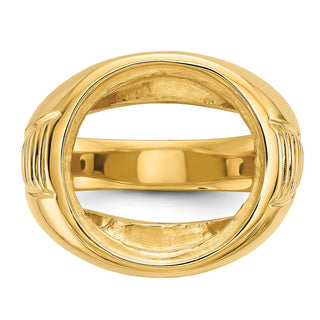 14k Yellow Gold Mens Polished Ribbed Center Design Side 16.5mm Coin Bezel Ring - Fits 1/10 oz American Eagle and 1/10 oz Krugerrand