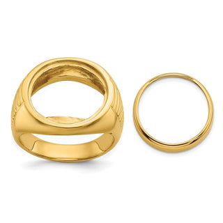 14k Yellow Gold Mens Polished Ribbed Center Design Side 16.5mm Coin Bezel Ring - Fits 1/10 oz American Eagle and 1/10 oz Krugerrand