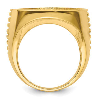 14k Yellow Gold Mens Ribbed Center Design Side 21.6mm Coin Bezel Ring - Fits US $5 Bald Eagle and US $5 Congressional