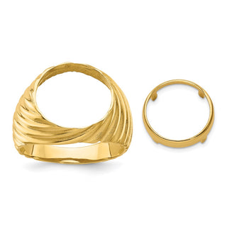 14k Yellow Gold Mens Polished Diagonal Fluting 13.0mm Coin Bezel Ring - Fits 2 Pesos and US $1
