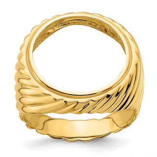 14k Yellow Gold Mens Polished Diagonal Fluting 16.5mm Coin Bezel Ring - Fits 1/10 oz American Eagle and 1/10 oz Krugerrand