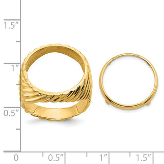 14k Yellow Gold Mens Polished Diagonal Fluting 16.5mm Coin Bezel Ring - Fits 1/10 oz American Eagle and 1/10 oz Krugerrand