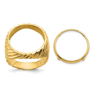 14k Yellow Gold Mens Polished Diagonal Fluting 16.5mm Coin Bezel Ring - Fits 1/10 oz American Eagle and 1/10 oz Krugerrand