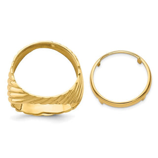 14k Yellow Gold Mens Polished Diagonal Fluting 17.8mm Coin Bezel Ring - Fits US $2.50 Liberty and Other Coins