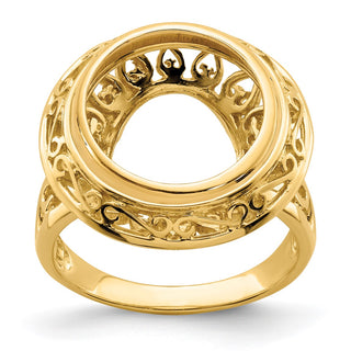 14k Gold Ladies Polished Wire Fancy Knife Edge Filigree 13.0mm Coin Bezel Ring - Fits 2 Pesos and US $1