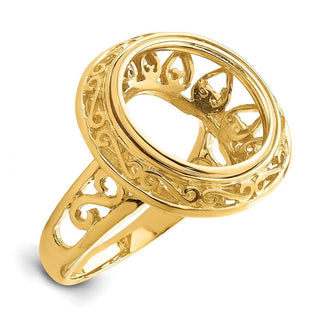 14k Gold Ladies Polished Wire Fancy Knife Edge Filigree 13.0mm Coin Bezel Ring - Fits 2 Pesos and US $1