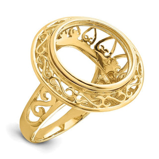 14k Gold Ladies Polished Wire Fancy Knife Edge Filigree 14.0mm Coin Bezel Ring - Fits 1/20 oz Maple Leaf and Other Coins