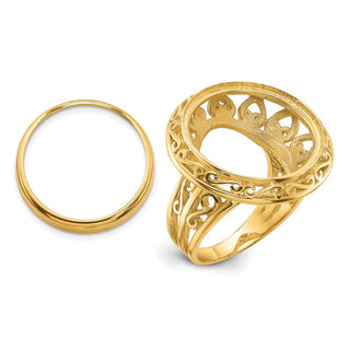 14k Gold Ladies Polished Wire Fancy Knife Edge Filigree 17.8mm Coin Bezel Ring - Fits US $2.50 Liberty and Other Coins