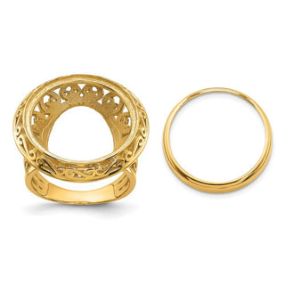 14k Gold Ladies Polished Wire Fancy Knife Edge Filigree 17.8mm Coin Bezel Ring - Fits US $2.50 Liberty and Other Coins