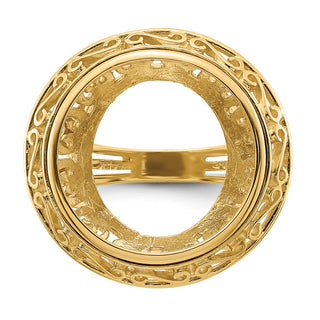 14k Yellow Gold Ladies Wire Fancy Knife Edge Filigree 18mm Prong Coin Bezel Ring - Fits 1/10 oz Cat