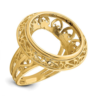 14k Yellow Gold Ladies Wire Fancy Knife Edge Filigree 18mm Prong Coin Bezel Ring - Fits 1/10 oz Cat