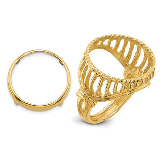 14k Yellow Gold Ladies Polished Wire & Twisted Rope 16.5mm Coin Bezel Ring - Fits 1/10 oz American Eagle and 1/10 oz Krugerrand