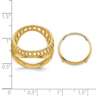 14k Yellow Gold Ladies Polished Wire & Twisted Rope 16.5mm Coin Bezel Ring - Fits 1/10 oz American Eagle and 1/10 oz Krugerrand