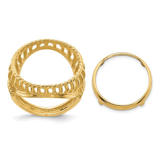 14k Yellow Gold Ladies Polished Wire & Twisted Rope 16.5mm Coin Bezel Ring - Fits 1/10 oz American Eagle and 1/10 oz Krugerrand