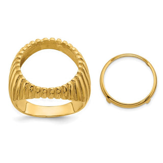 14k Yellow Gold Mens Polished Vertical Fluting 16.5mm Coin Bezel Ring - Fits 1/10 oz American Eagle and 1/10 oz Krugerrand